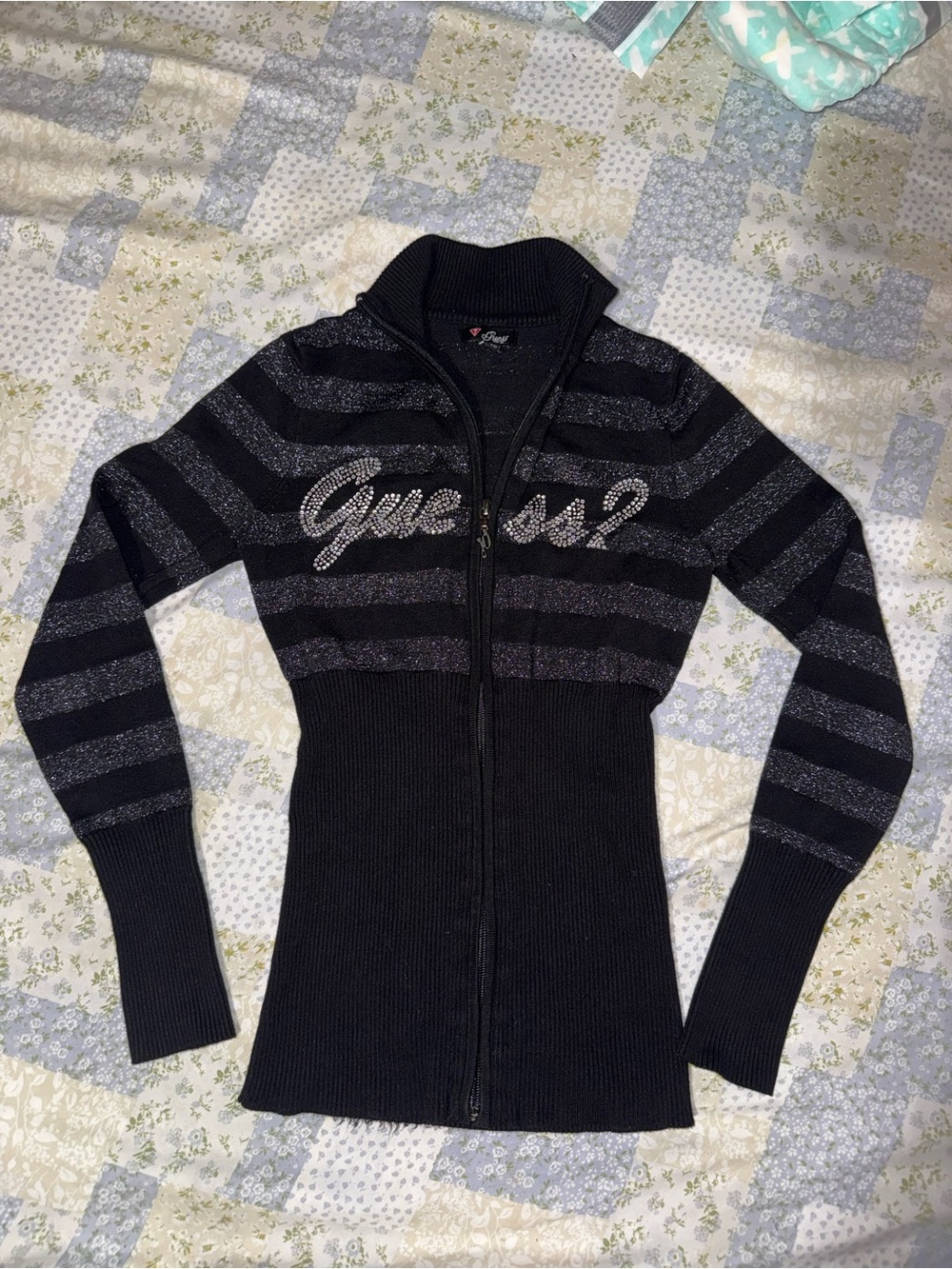 Guess Y2K rhinestone zip knit cardigan sz XS ✨